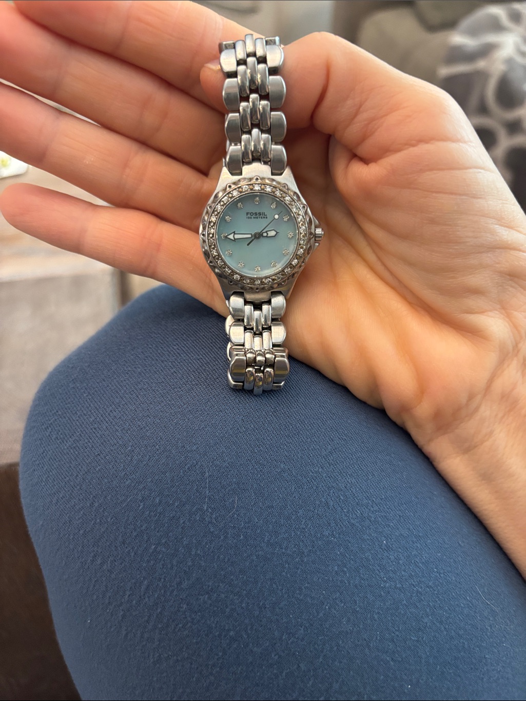 Fossil Silver Bracelet Watch With Light Blue Dial And Crystal Bezel